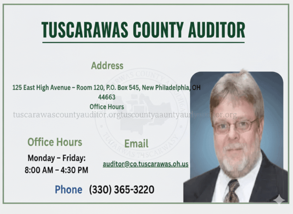 Official contact details of Tuscarawas County ohio Auditor including office address, phone number, and operating hours.