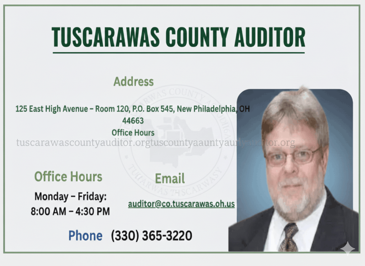 Official contact details of Tuscarawas County ohio Auditor including office address, phone number, and operating hours.