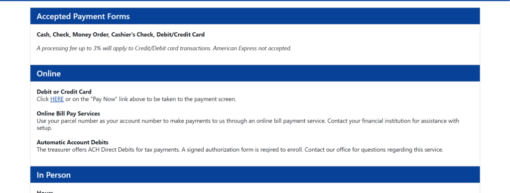 Screenshot of Tuscarawas County property tax payment options. Sections include Accepted Payment Forms (cash, check, debit/credit card), Online payments (debit/credit card, online bill pay, automatic ACH debits), and In-Person payment instructions.