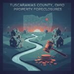 Illustration of Tuscarawas County, Ohio property foreclosures showing a judge’s gavel striking coins, abandoned houses, and a digital map of Ohio with a highlighted location.