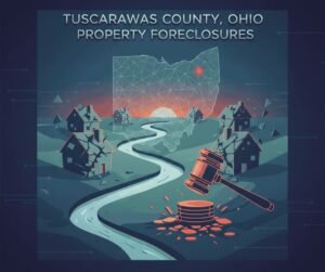 Illustration of Tuscarawas County, Ohio property foreclosures showing a judge’s gavel striking coins, abandoned houses, and a digital map of Ohio with a highlighted location.