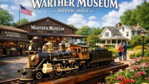 Warther Museum in Dover Ohio featuring hand-carved steam locomotive model and historic family home with landscaped gardens.