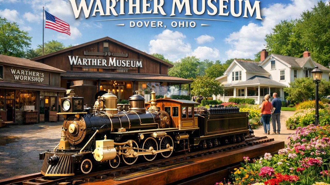 Warther Museum in Dover Ohio featuring hand-carved steam locomotive model and historic family home with landscaped gardens.
